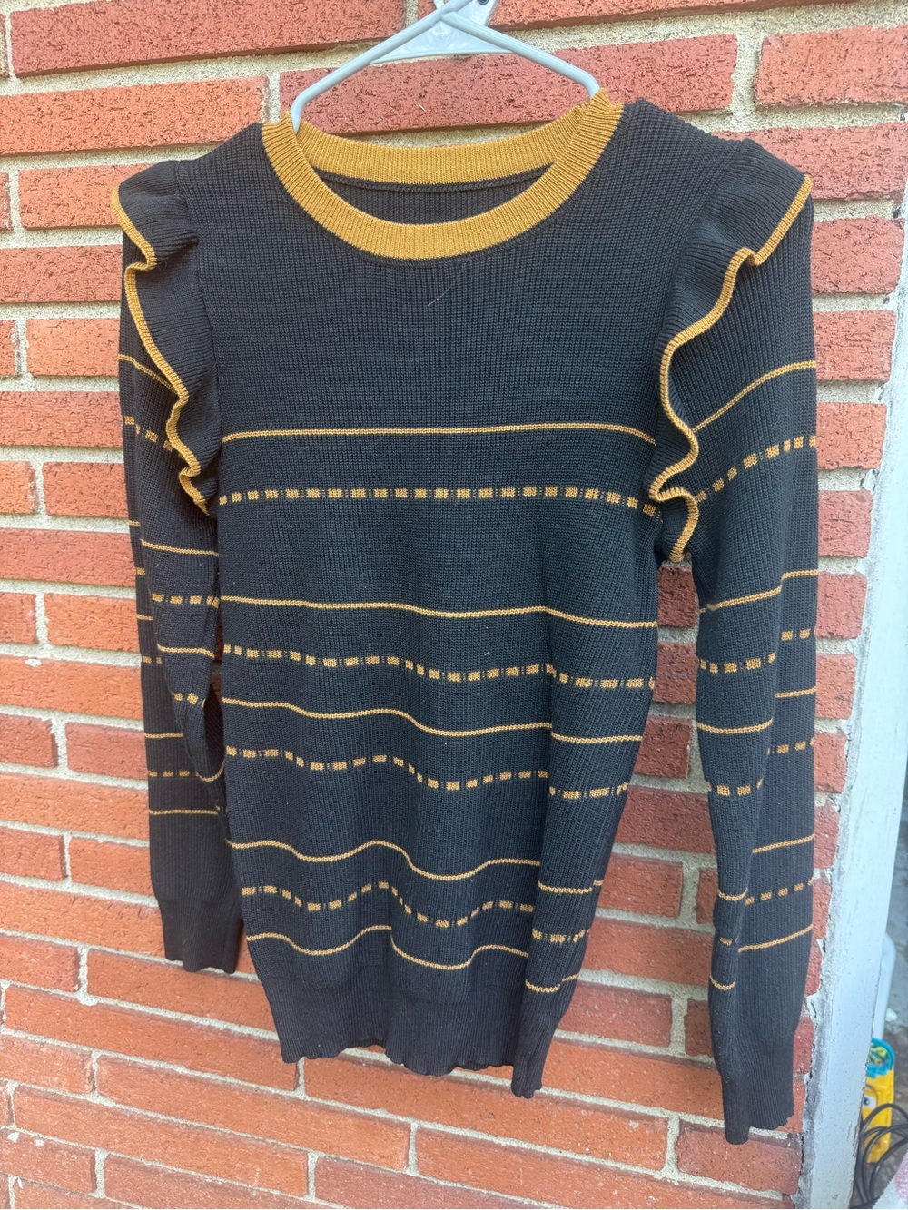 Women’s Black and Mustard Stripe Ruffle-Shoulder Sweater